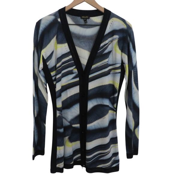 Escada Womens Sz M Blue White Yellow Abstract Print Silk Wool Cardigan Sweater - Picture 1 of 8